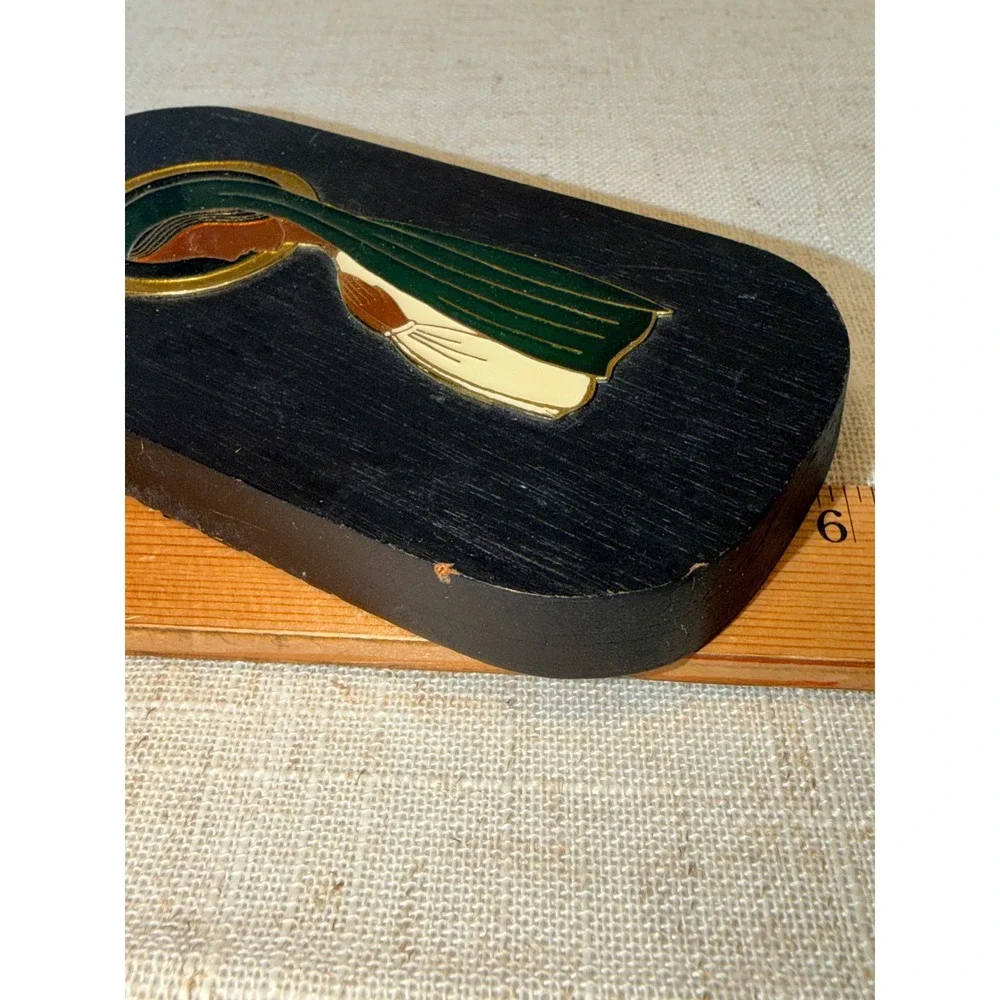 Vintage Cre Art SA Mexico Mary Wood Brass Plaque Enamel Mid Century Modern Art